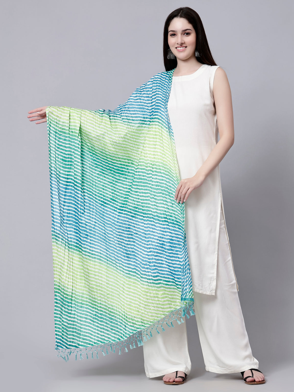 Multi Ethnic Printed Striped Cotton Dupatta with Tasseled Border