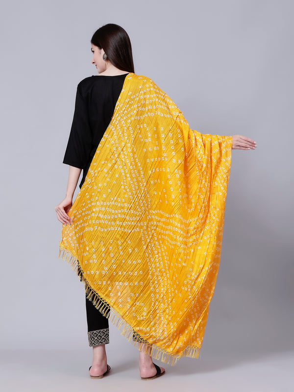 Jaipuri Yellow Bandhani Print Tasseled Border Cotton Dupatta