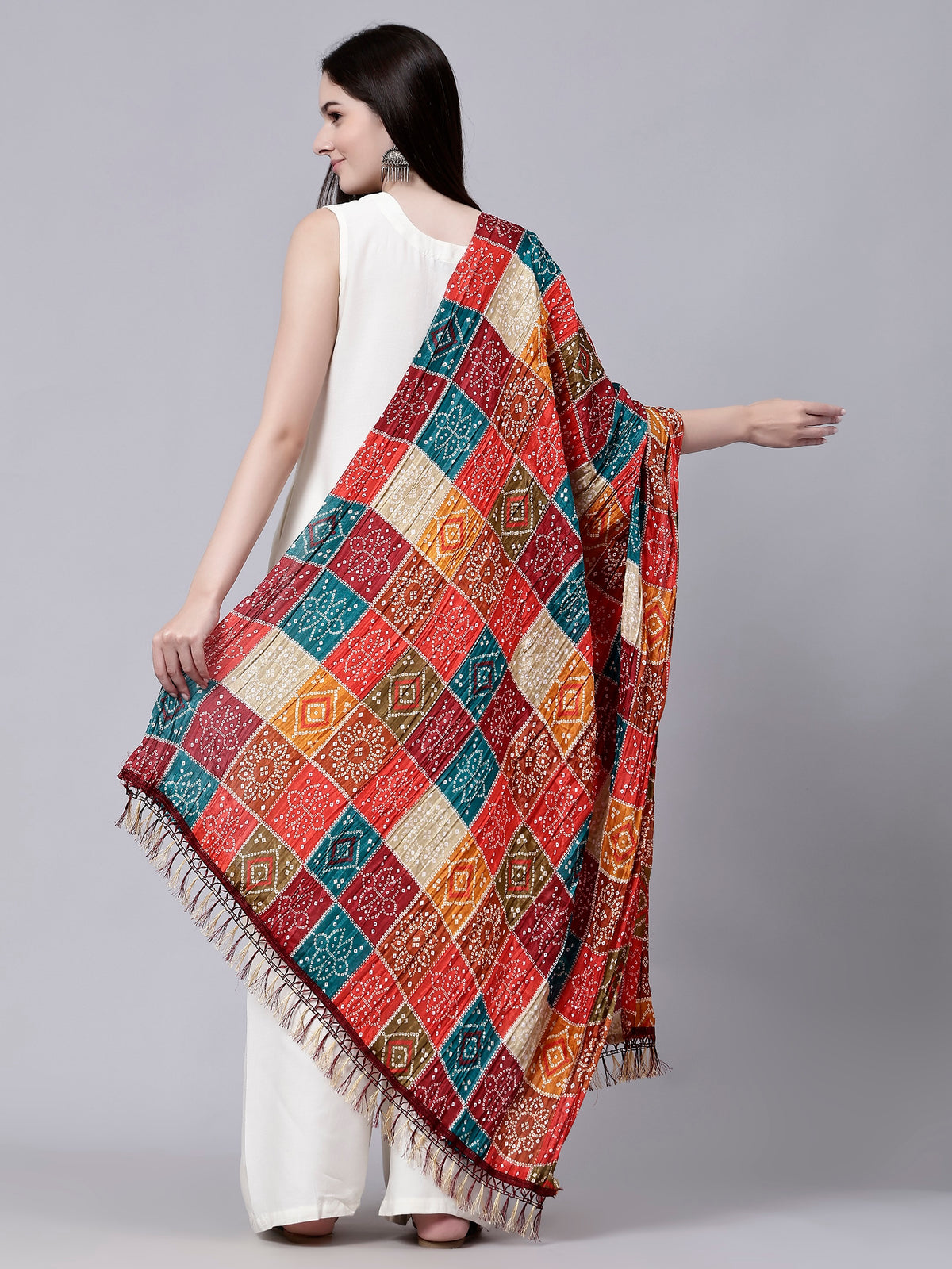 Multi Color Tasseled Border Patch Work Tie-Dye Cotton Dupatta