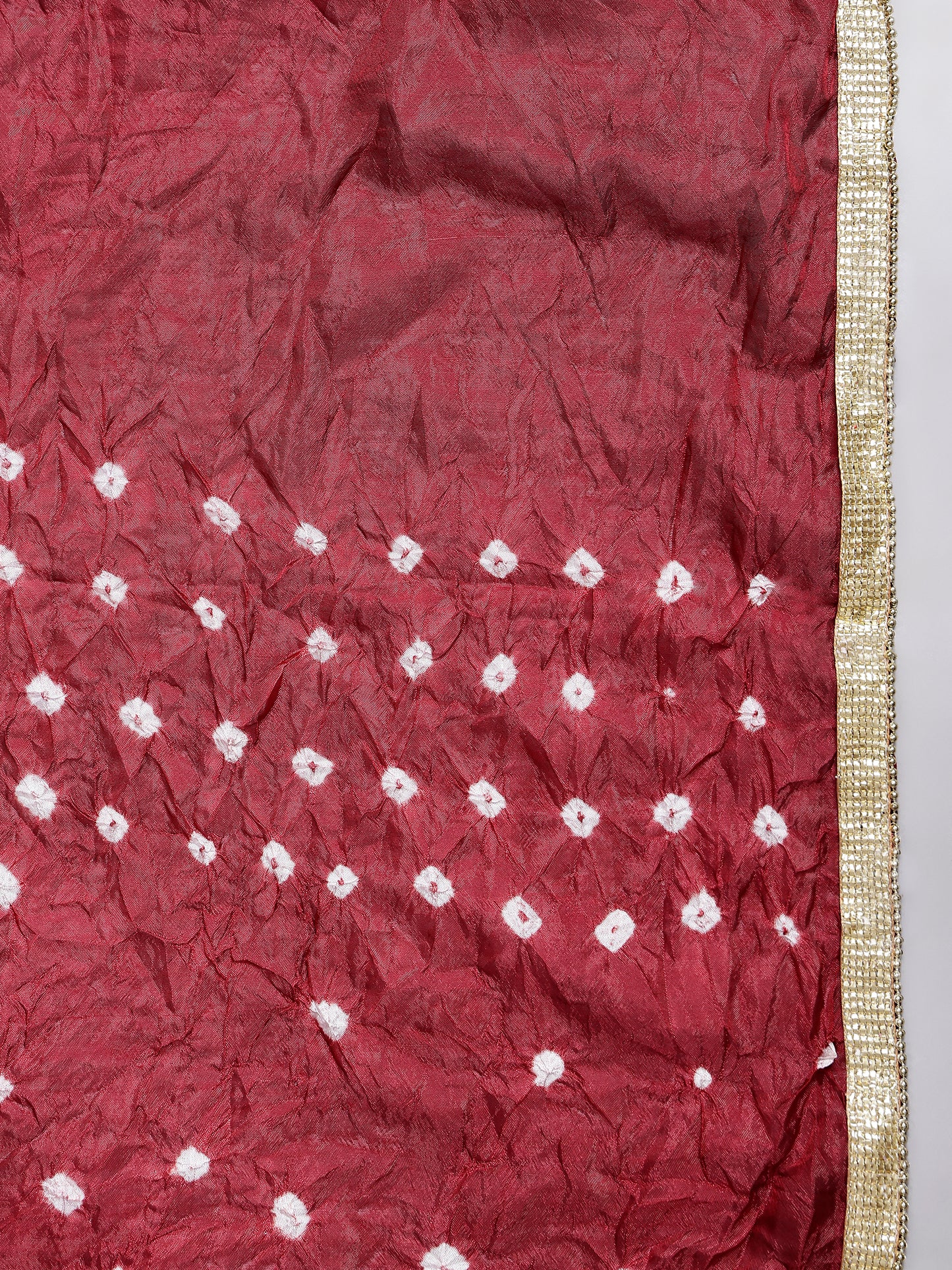 Jaipuri Chiffon Red Ethnic Bandhani Print Tie-Dye Dupatta with Golden Lace Border