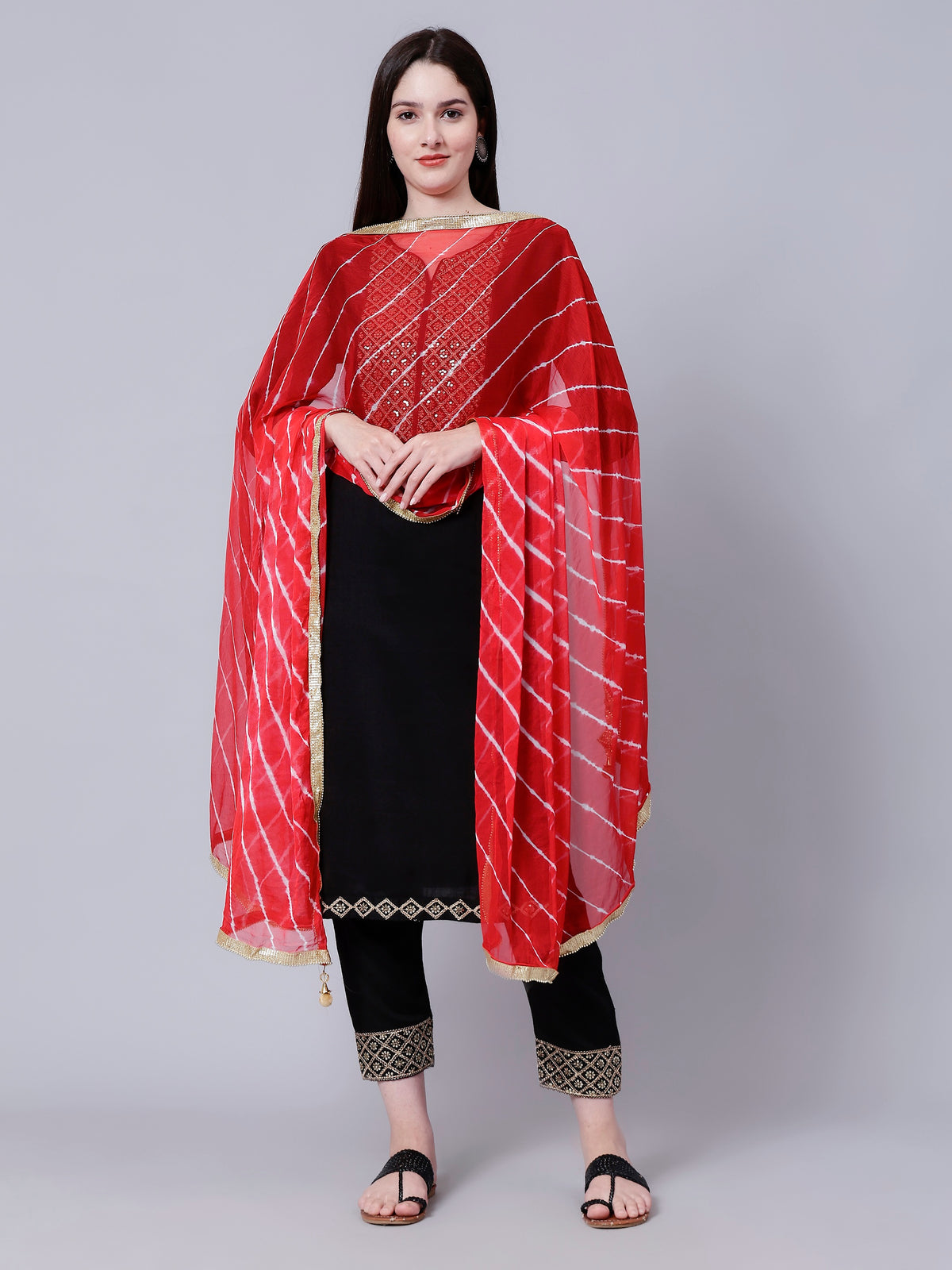 Jaipuri Chiffon Red Ethnic Bandhani Print Striped Dupatta with Golden Lace Border