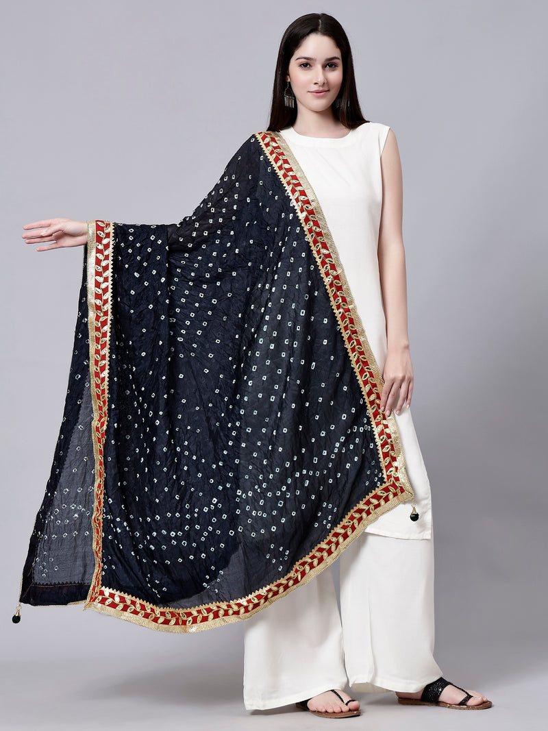 Black Jaipuri Bandhani Print Chiffon Tie-Dye Dupatta with Golden Gotta Lace Border