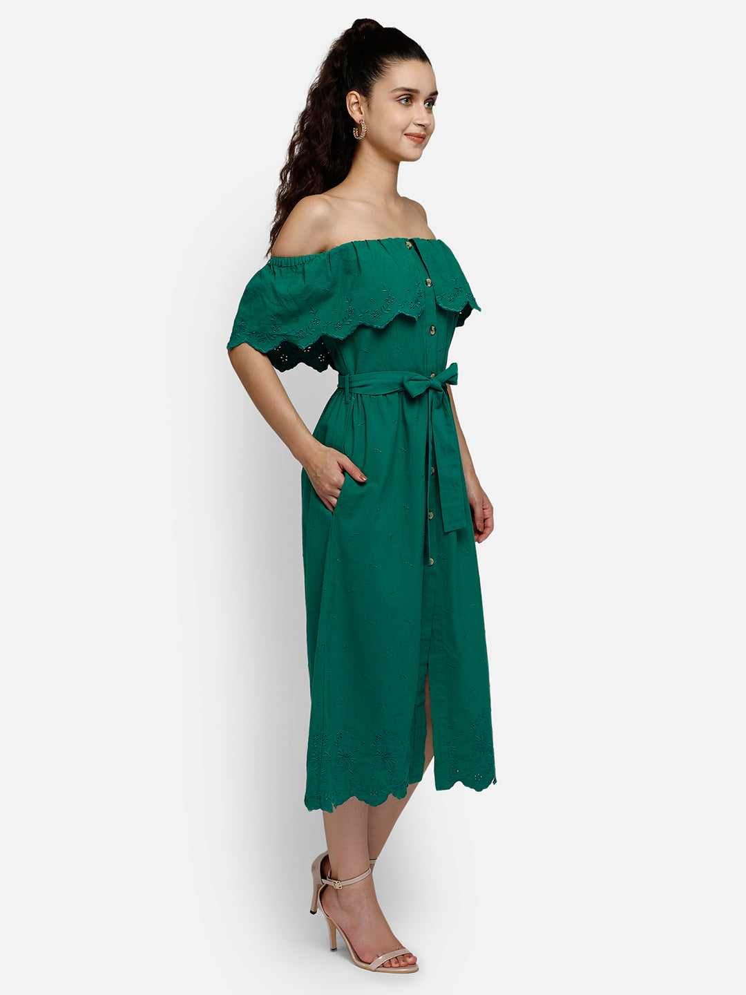 Green midi viscose bardot dress
