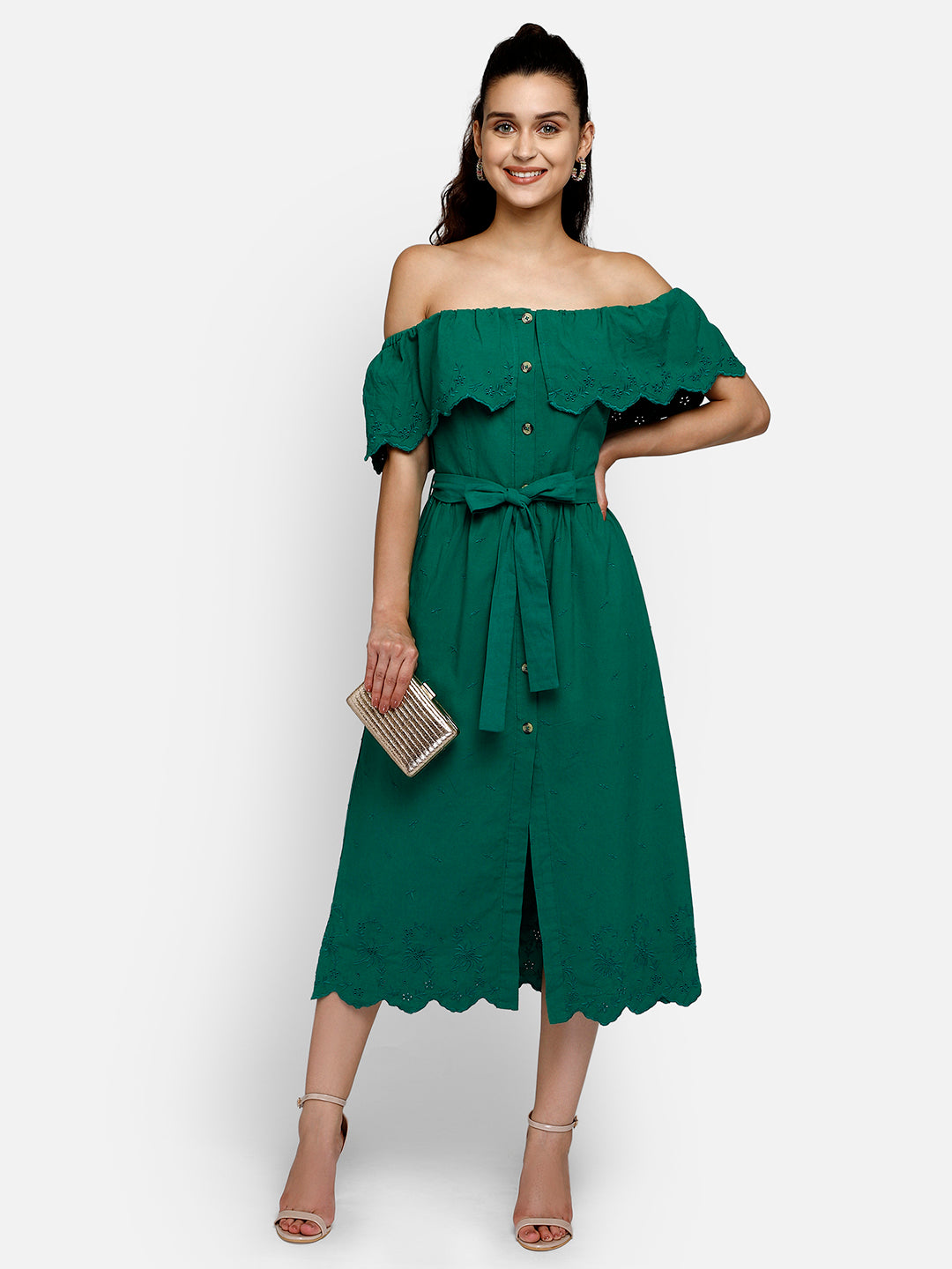 Green midi viscose bardot dress