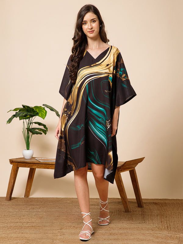 Black Printed Poly Crepe Kaftan Dress