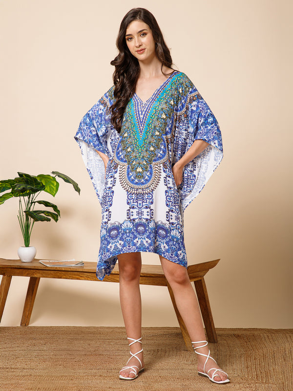 Blue White Printed Silk Kaftan Dress
