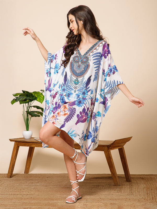 White Blue Printed Silk Kaftan Dress