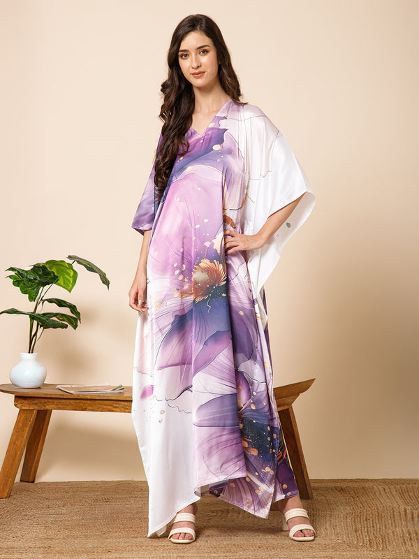 Purple Printed Satin Silk Kaftan Maxi Dress