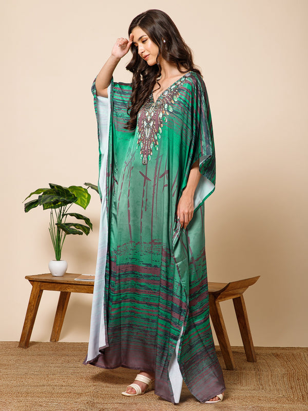 Green Printed Satin Silk Kaftan Maxi Dress