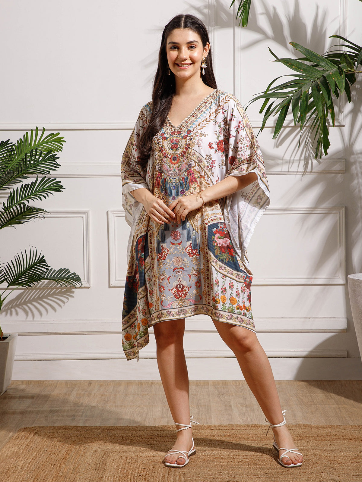 White Red Printed Georgette Kaftan Dress