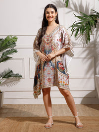 White Red Printed Georgette Kaftan Dress
