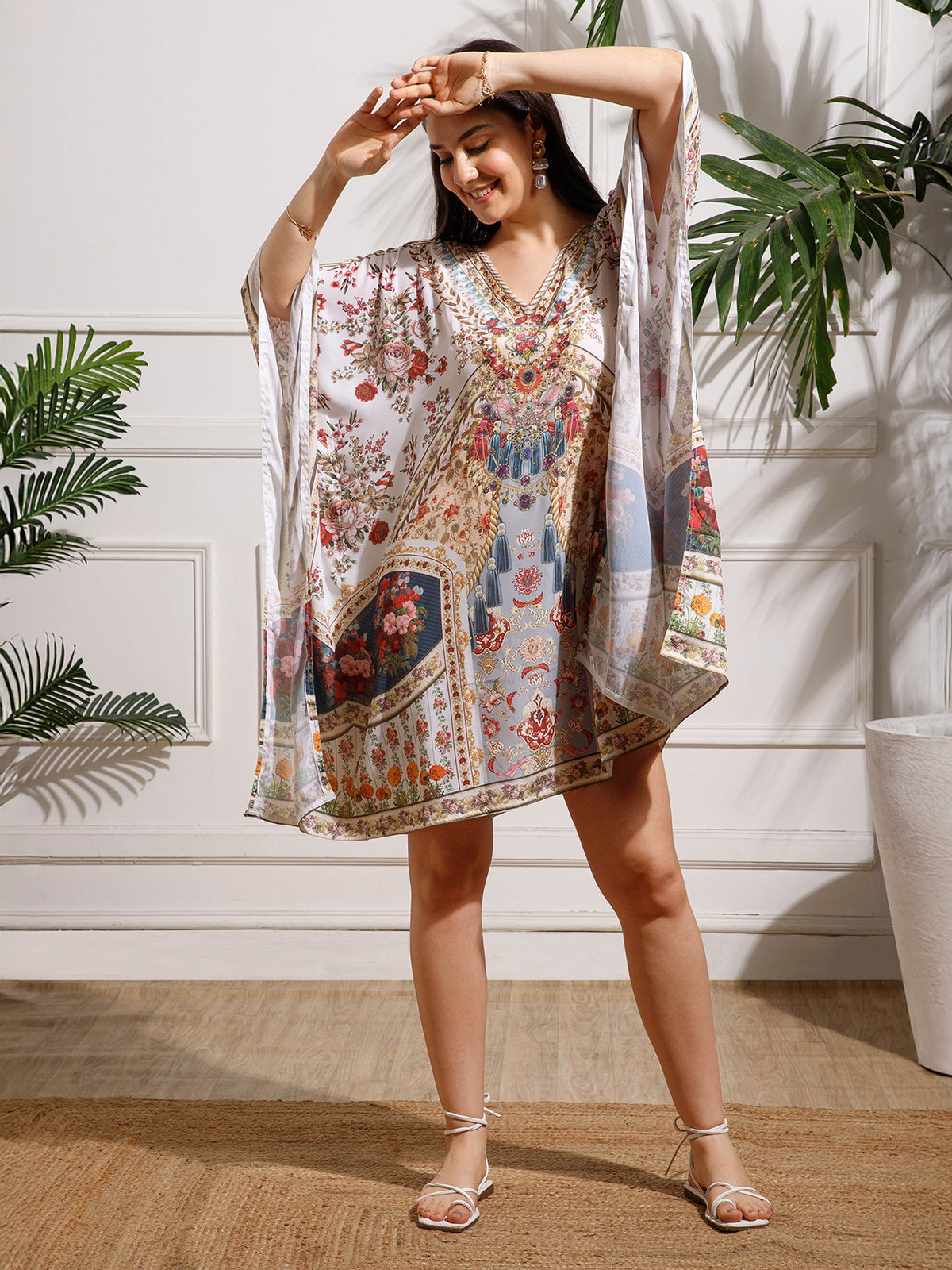 White Red Printed Georgette Kaftan Dress
