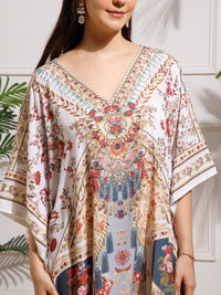 White Red Printed Georgette Kaftan Dress