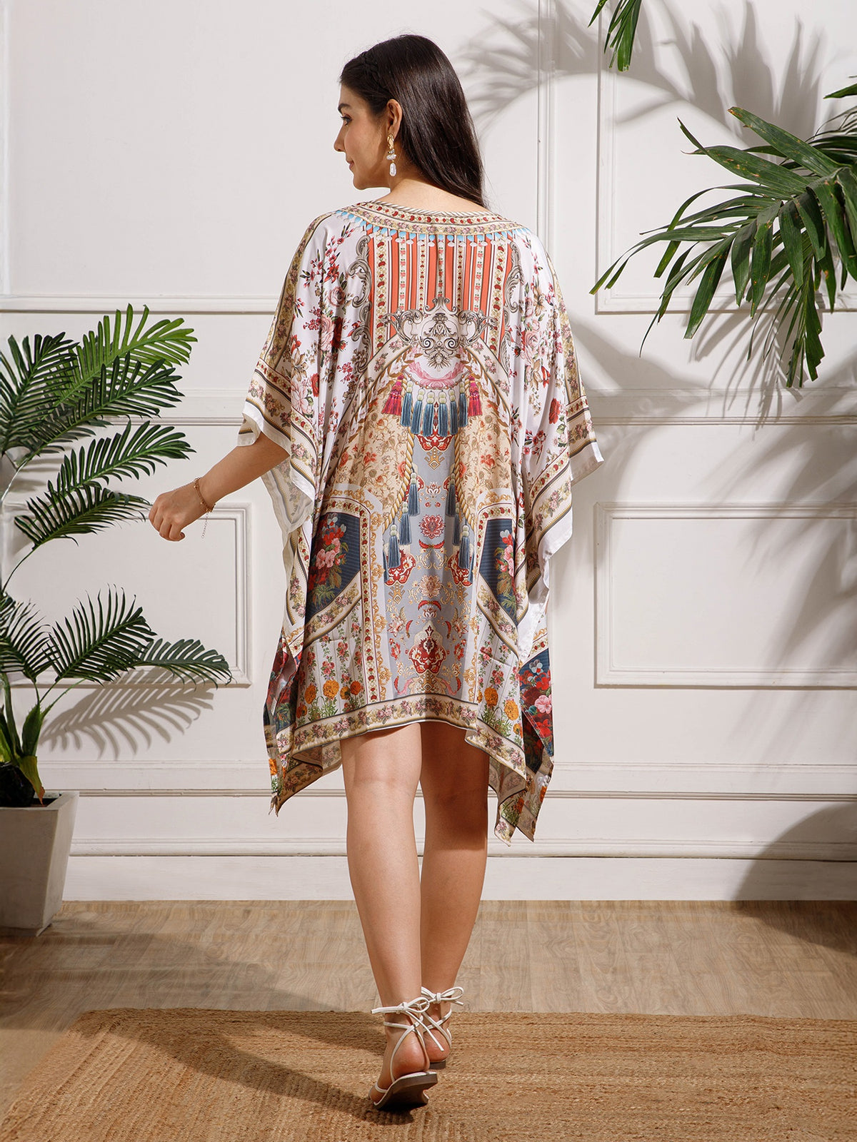White Red Printed Georgette Kaftan Dress