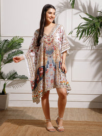 White Red Printed Georgette Kaftan Dress