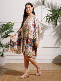 White Red Printed Georgette Kaftan Dress