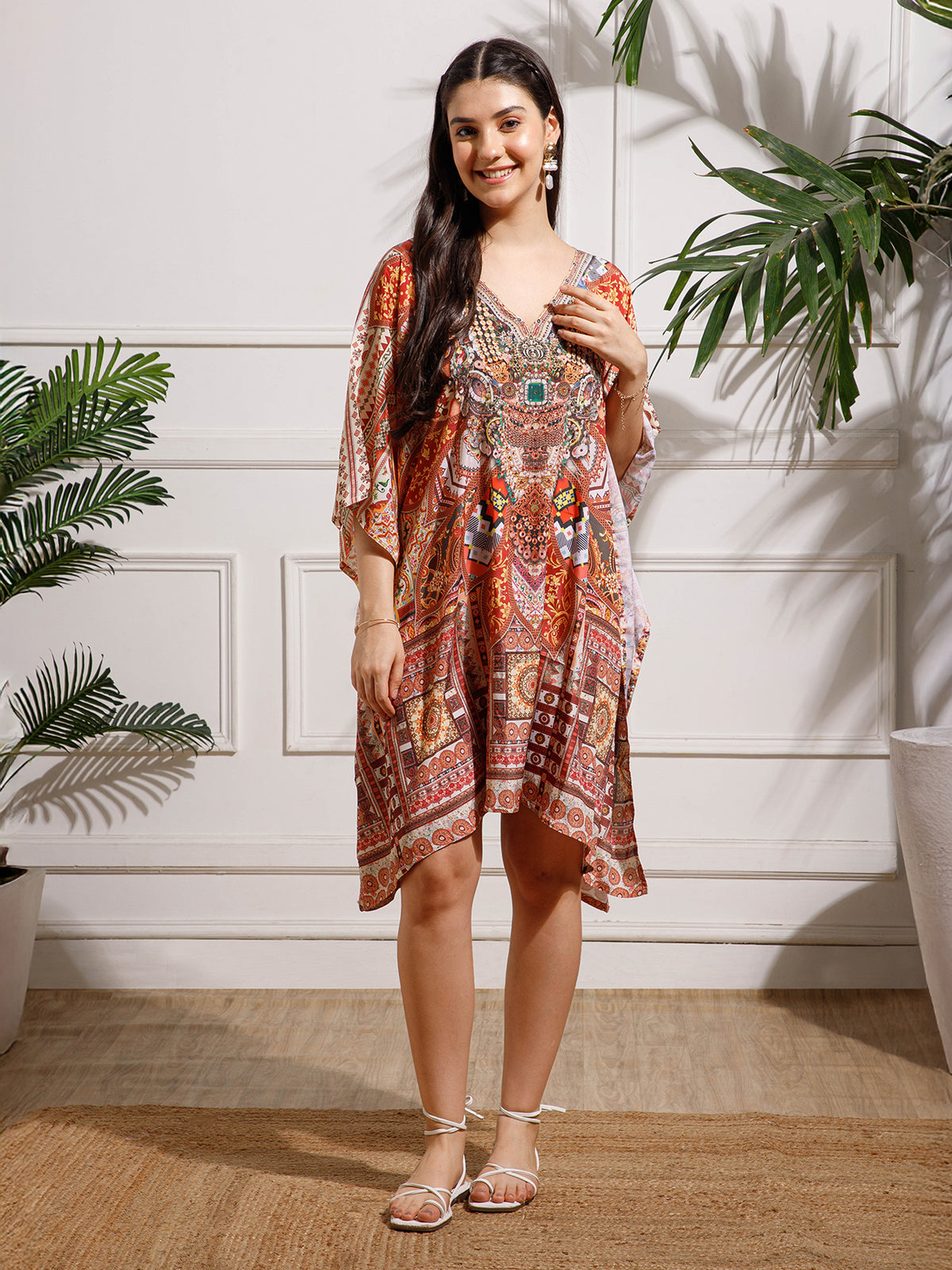 Red Printed Poly Silk Kaftan Dress