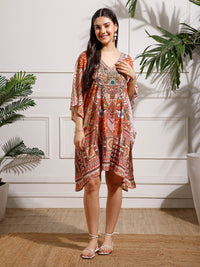 Red Printed Poly Silk Kaftan Dress