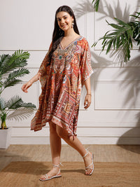 Red Printed Poly Silk Kaftan Dress