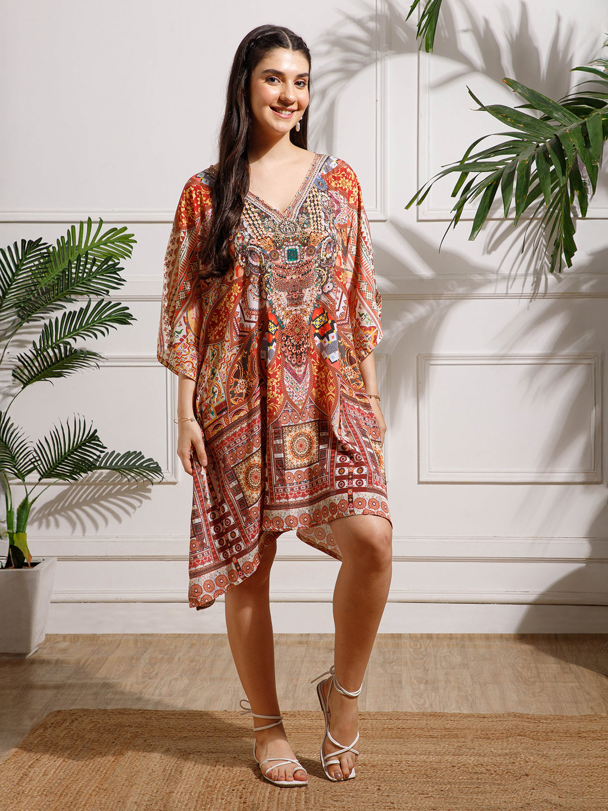 Red Printed Poly Silk Kaftan Dress