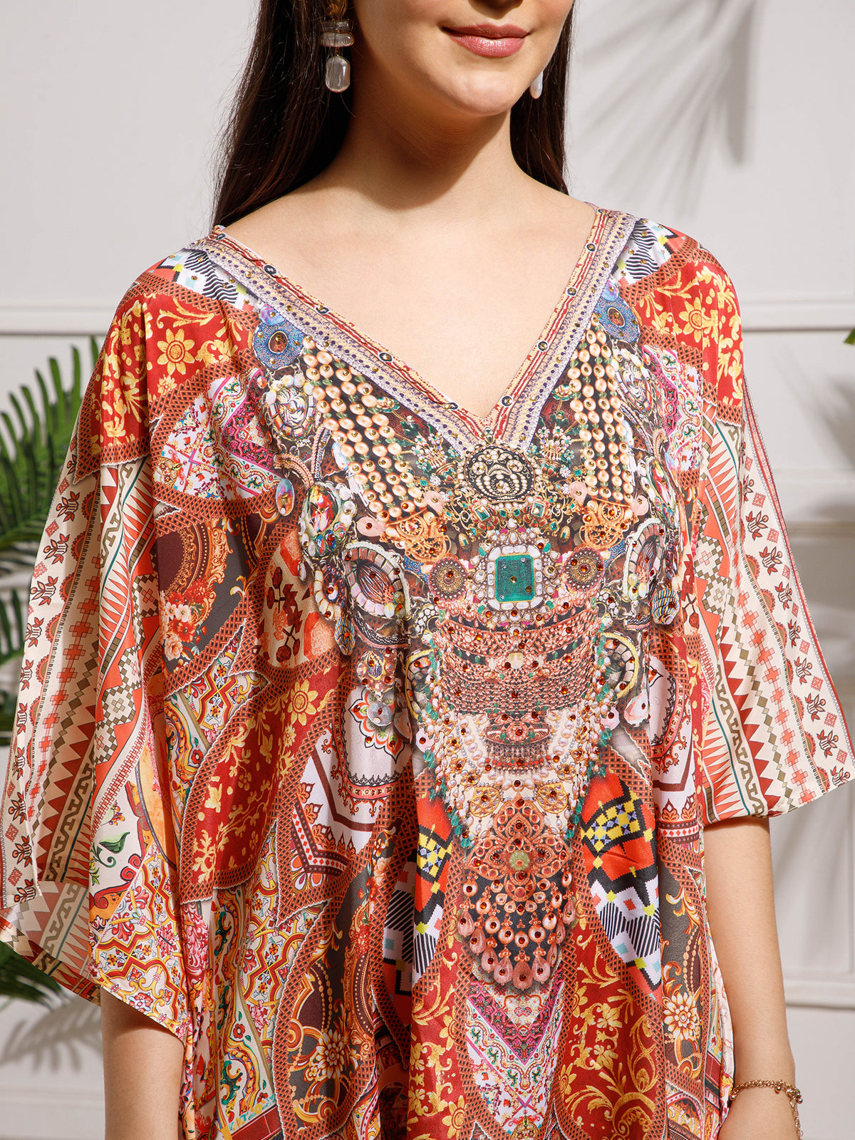 Red Printed Poly Silk Kaftan Dress