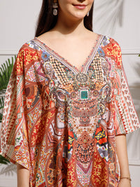 Red Printed Poly Silk Kaftan Dress