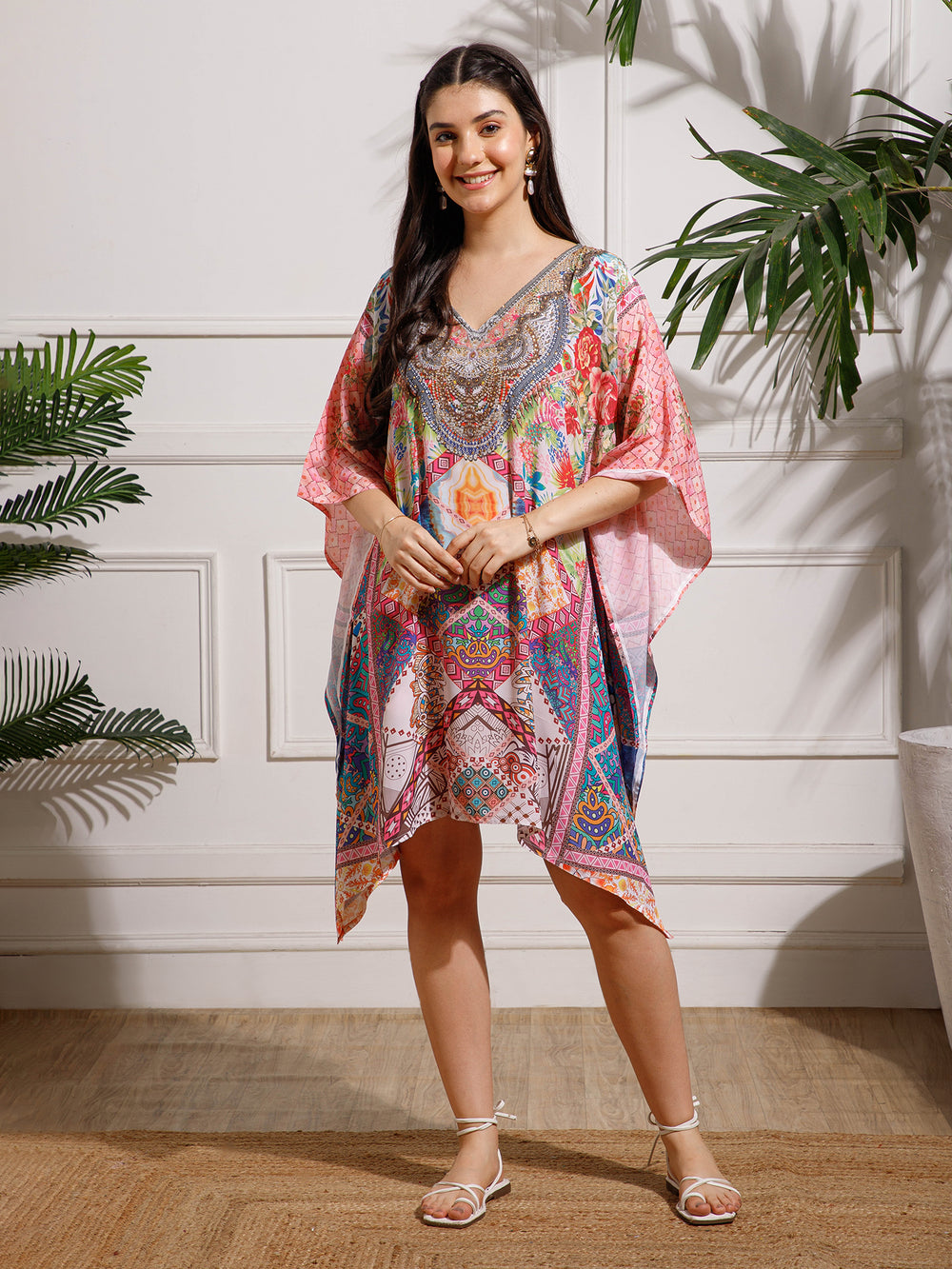 Pink Printed Poly Silk Kaftan Dress - Main Image