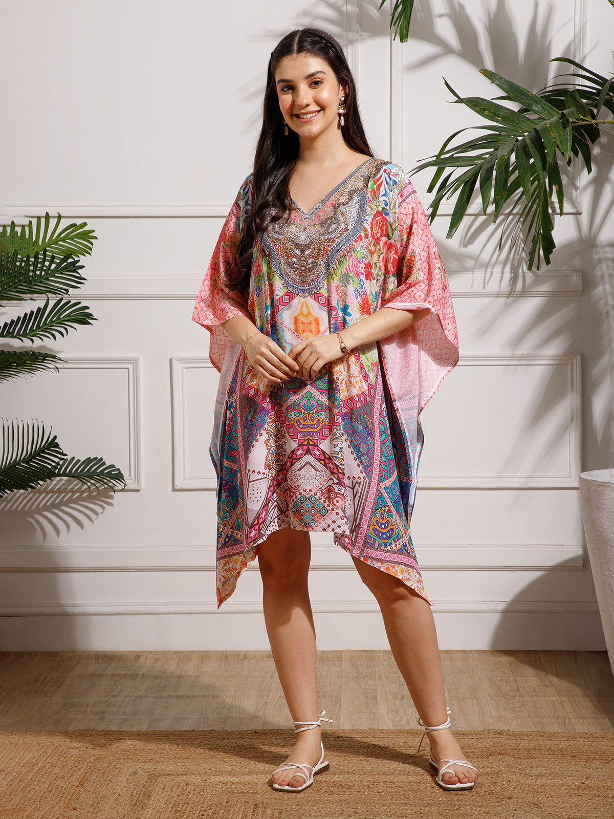 Pink Printed Poly Silk Kaftan Dress