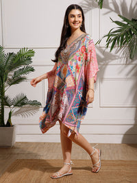 Pink Printed Poly Silk Kaftan Dress