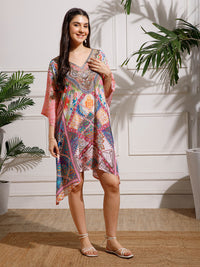 Pink Printed Poly Silk Kaftan Dress