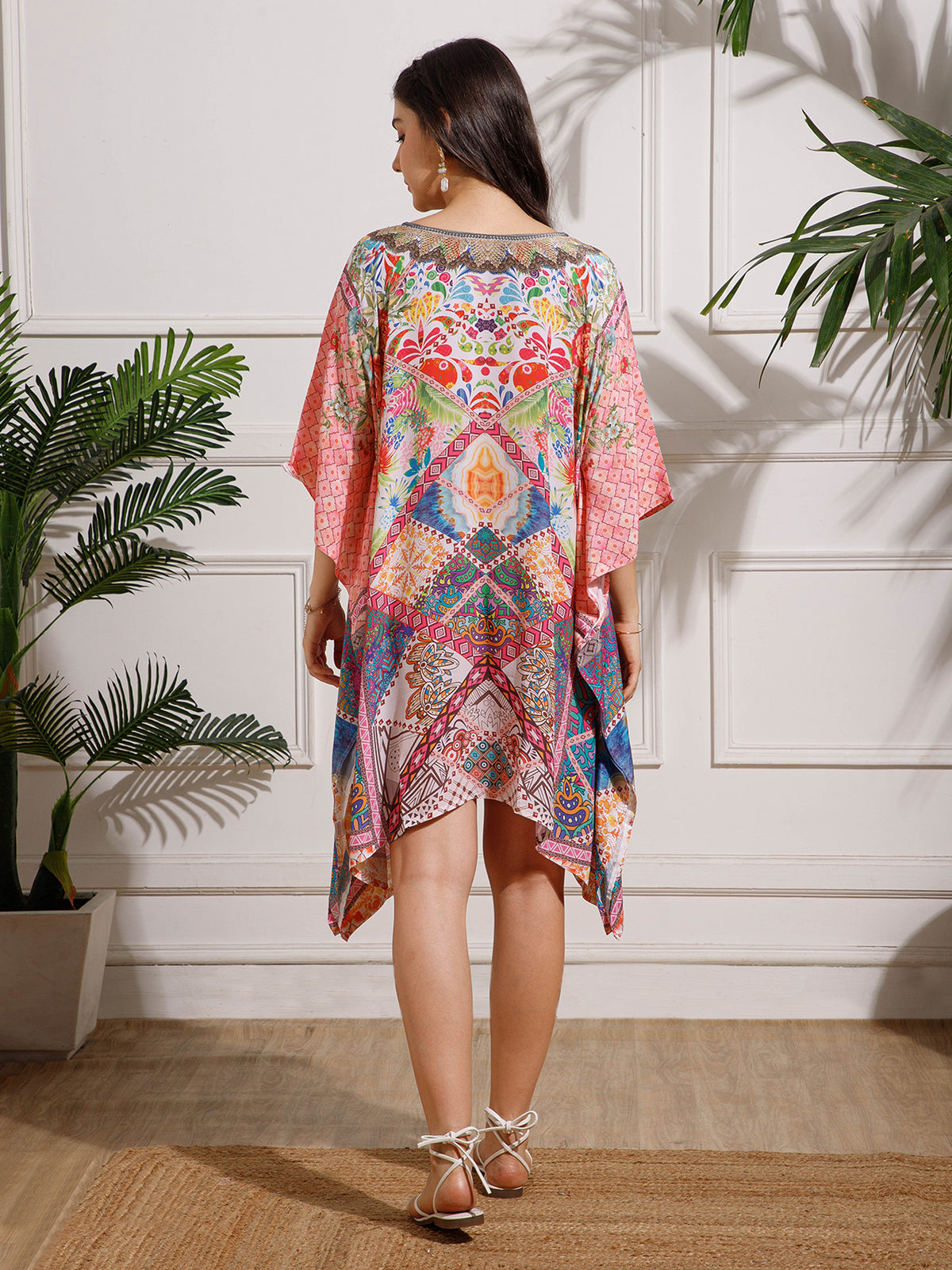 Pink Printed Poly Silk Kaftan Dress
