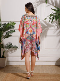 Pink Printed Poly Silk Kaftan Dress