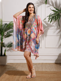 Pink Printed Poly Silk Kaftan Dress