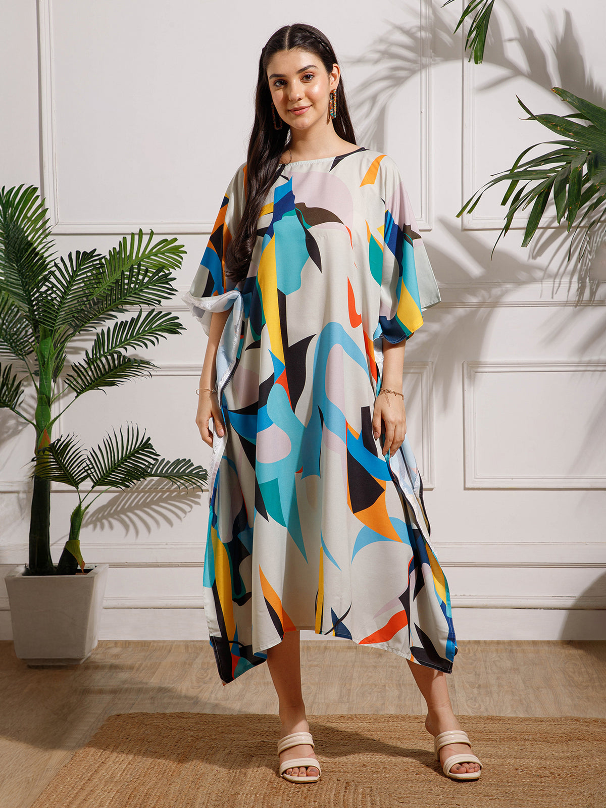 White Blue Printed Viscose Rayon Kaftan Dress