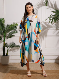 White Blue Printed Viscose Rayon Kaftan Dress