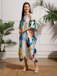 White Blue Printed Viscose Rayon Kaftan Dress