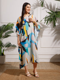 White Blue Printed Viscose Rayon Kaftan Dress
