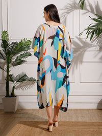 White Blue Printed Viscose Rayon Kaftan Dress