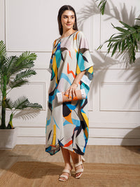 White Blue Printed Viscose Rayon Kaftan Dress