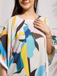 White Blue Printed Viscose Rayon Kaftan Dress