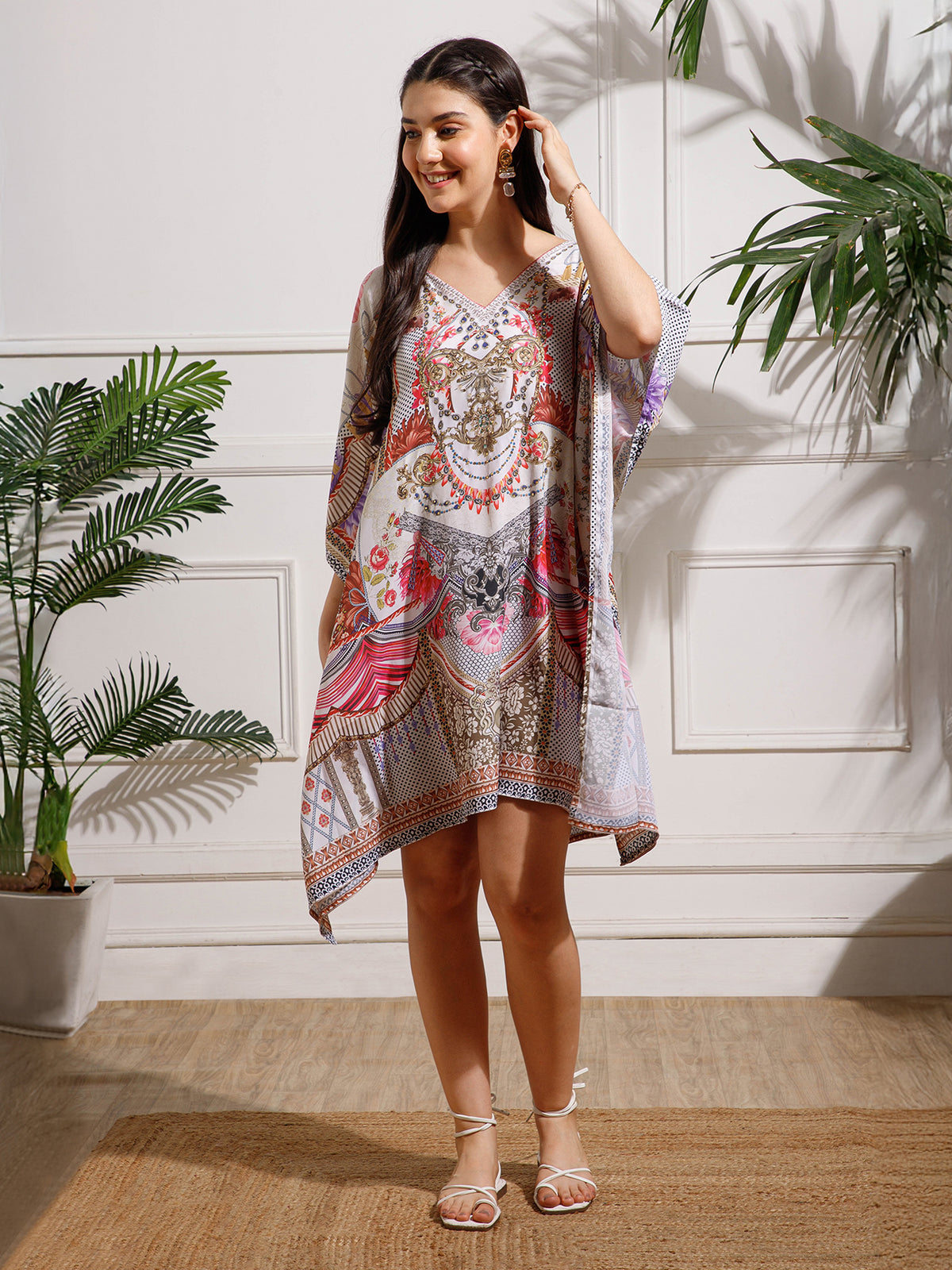Multicolor Printed Poly Silk Kaftan Dress