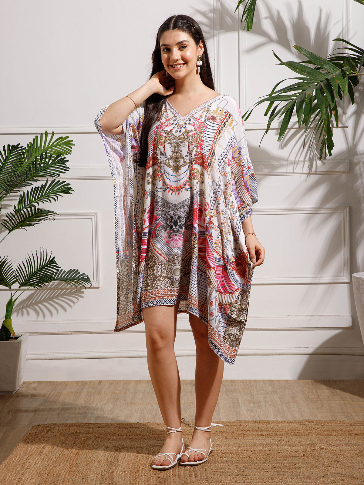 Multicolor Printed Poly Silk Kaftan Dress