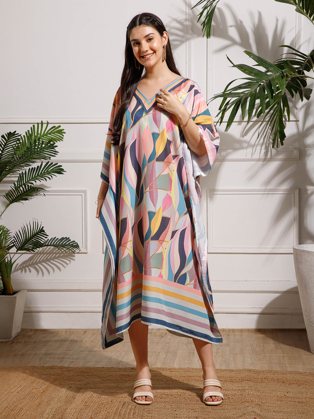 Multicolor Printed Viscose Rayon Kaftan Dress