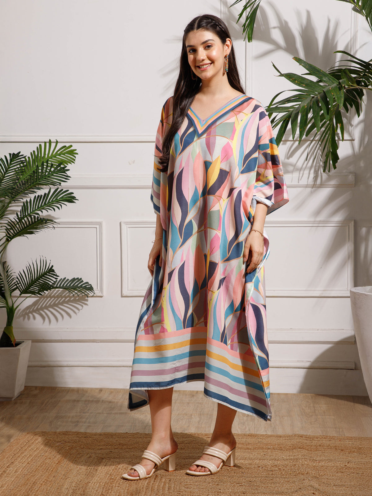Multicolor Printed Viscose Rayon Kaftan Dress