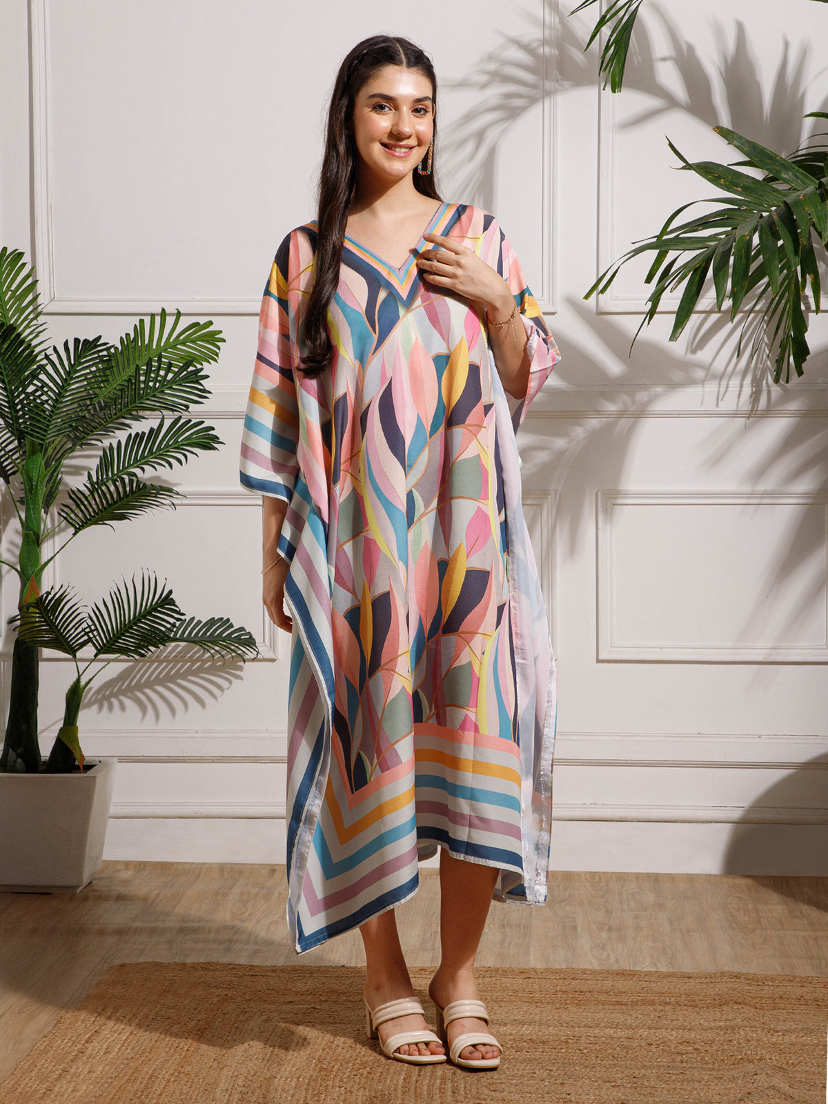 Multicolor Printed Viscose Rayon Kaftan Dress