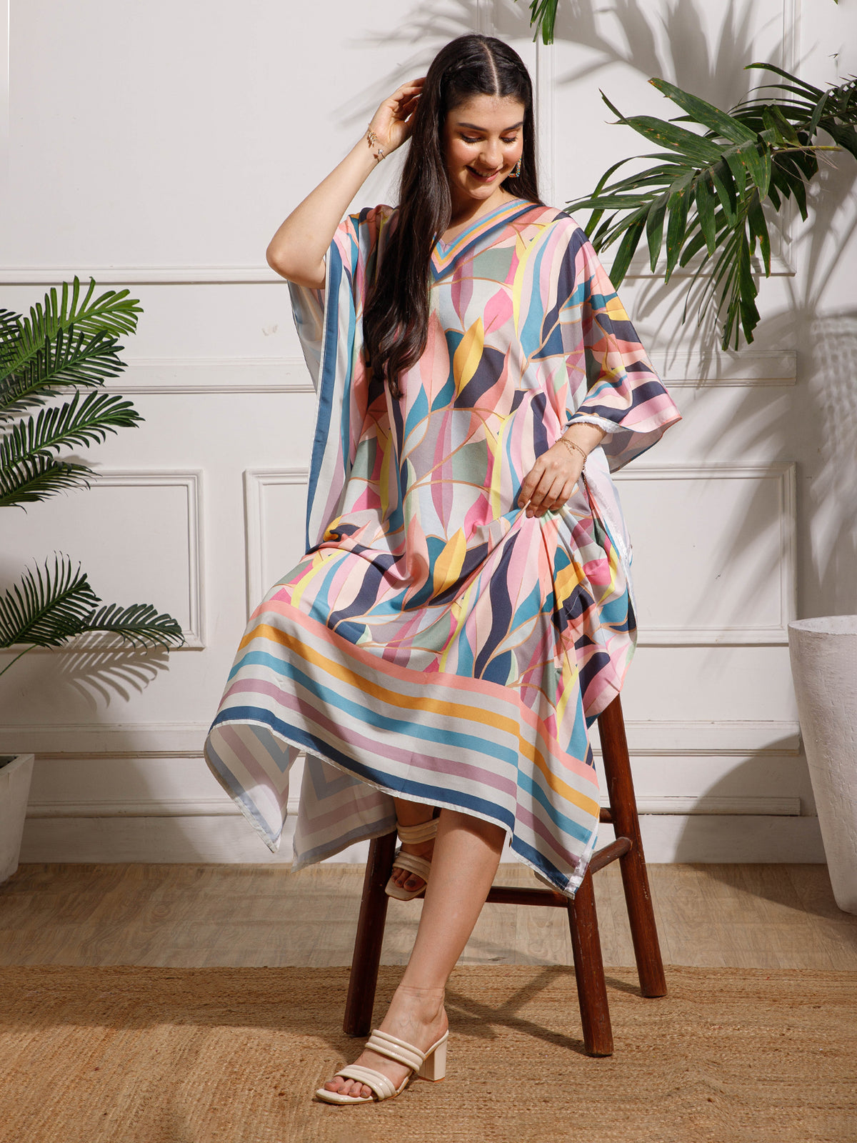Multicolor Printed Viscose Rayon Kaftan Dress