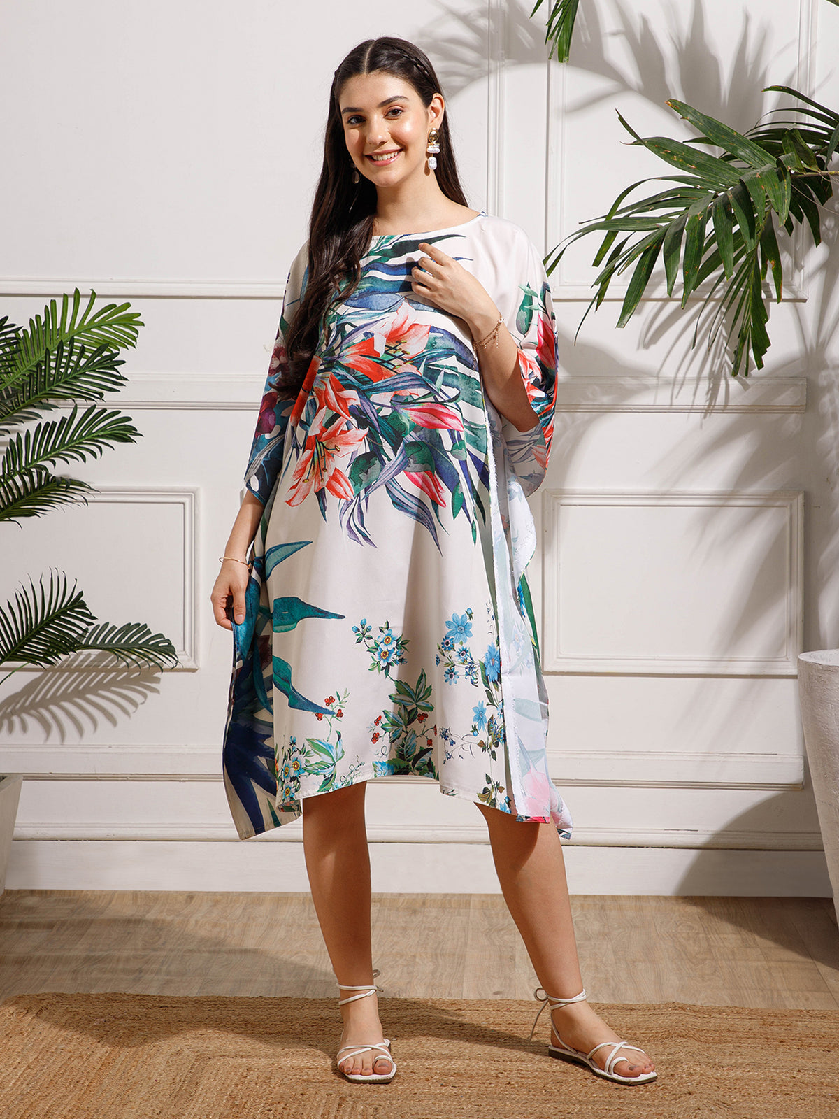 White Green Printed Georgette Kaftan Dress