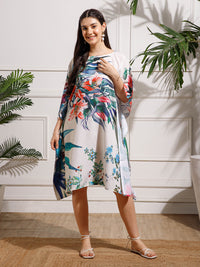 White Green Printed Georgette Kaftan Dress