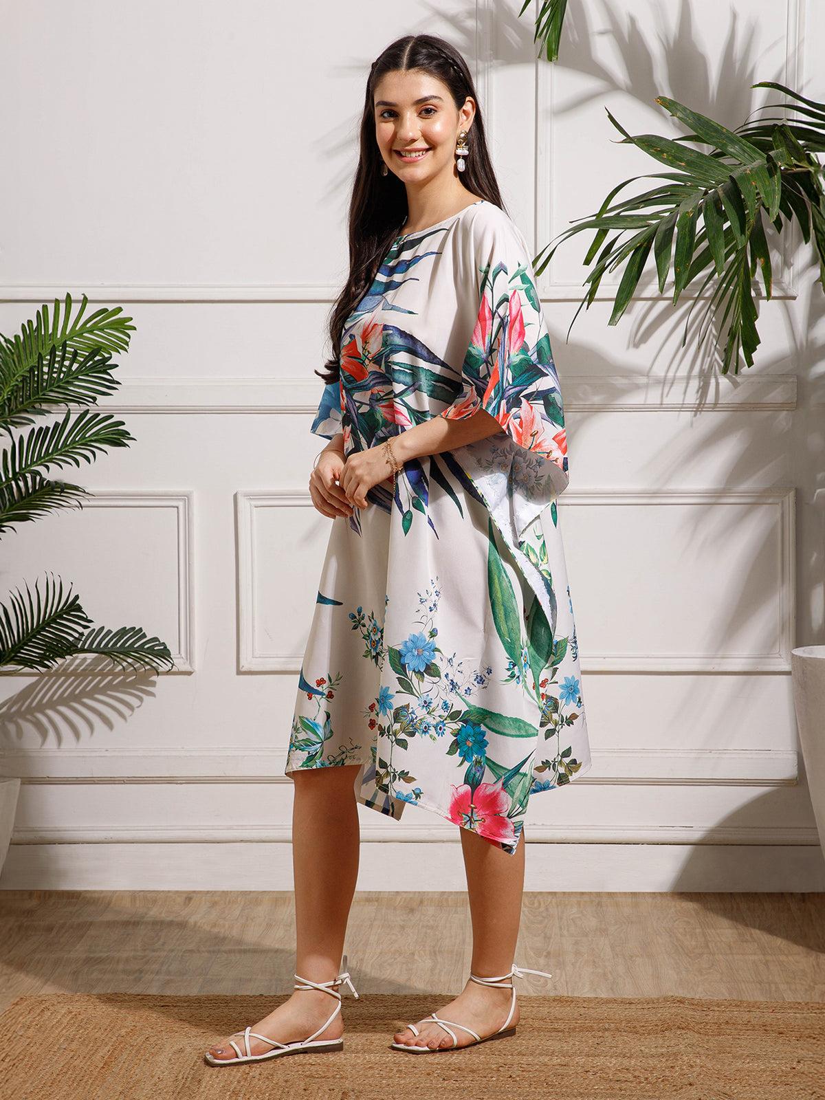 White Green Printed Georgette Kaftan Dress