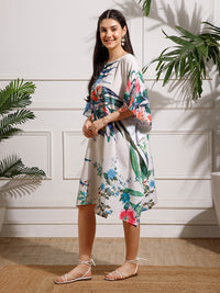 White Green Printed Georgette Kaftan Dress